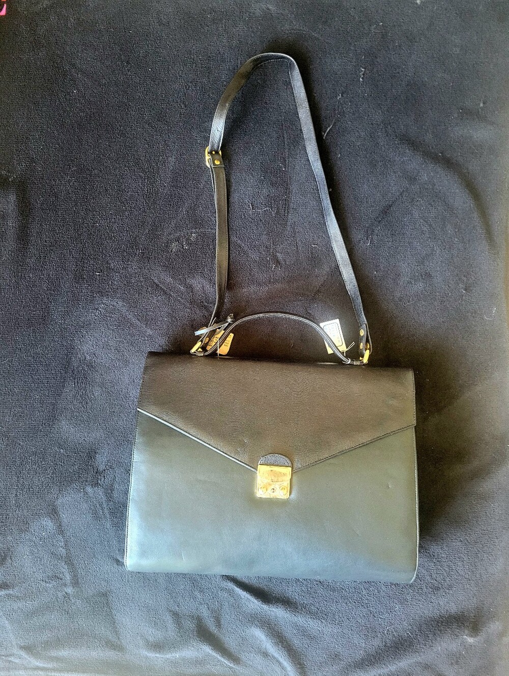 VINTAGE Classic Black Leather Envelope Crossbody Bag with Lockable Gold Hardware